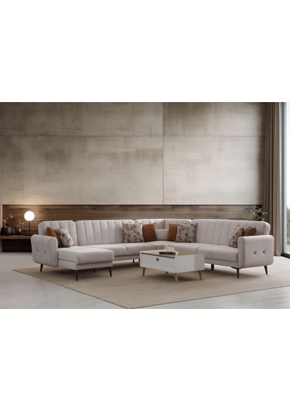 Bona Dinlenme+3+L Köşe+3 Köşe Takımı Bej Valebo-03 Ceviz Ayak