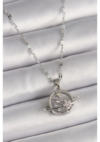 316L Çelik Gümüş Renk Zincir Zirkon Taşlı Yıldız Detay Gezegen Model Kadın Kolye fiyatları