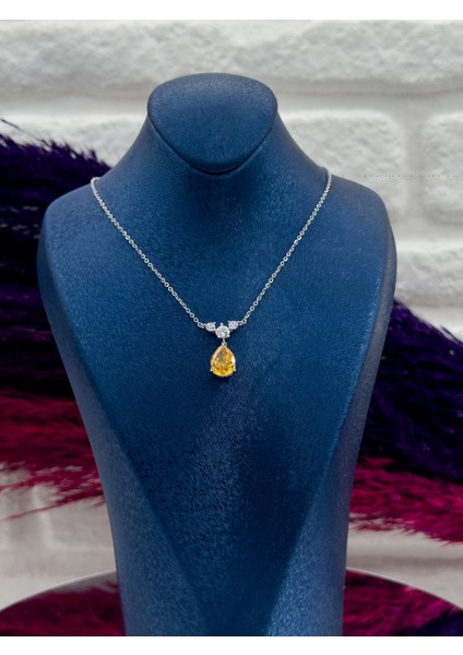 925 Ayar Gümüş Damla Sitrin Taşlı Popüler Kadın Kolye