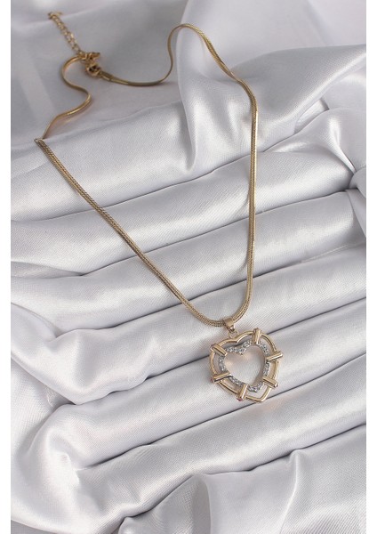 316L Çelik Gold Renk Italyan Zincir Mix Renk Zirkon Taşlı Kalp Model Kadın Kolye