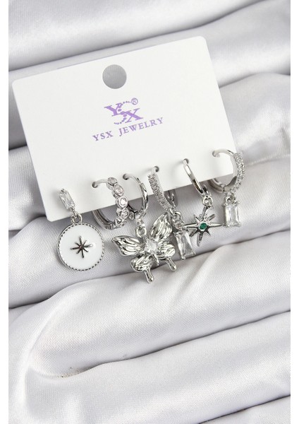 Heyf Pirinç Zirkon Taşlı Kelebek ve Yıldız Model Gümüş Renk 3'lü Çift Kadın Küpe