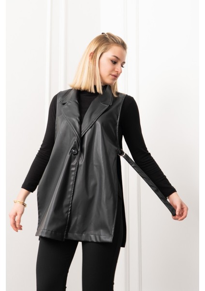 Arden Luxe Deri Şardonlu Uzun Yelek 9086