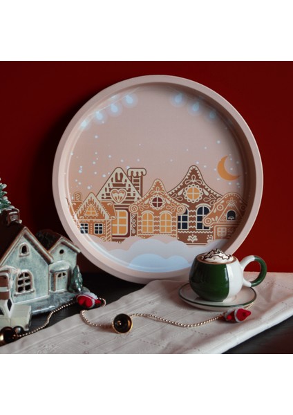 Home Yılbaşı Desenli Dekoratif Metal Tepsi - Pink Midnight