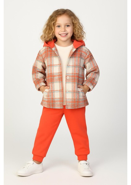 Kız ve Erkek Çocuk Turuncu Kareli Kapüşonlu 3 Parça Takım – Şık ve Rahat Günlük Kombin 4140 modelleri