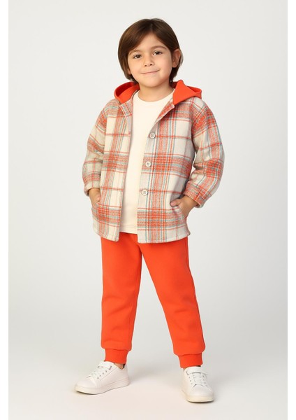 Kız ve Erkek Çocuk Turuncu Kareli Kapüşonlu 3 Parça Takım – Şık ve Rahat Günlük Kombin 4140 fırsatları