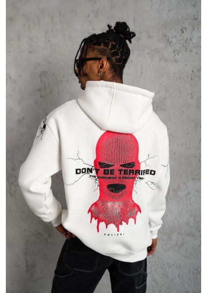 Erkek Oversizekapüşonlu Sweatshirt - 'don T Be Terrified' Beyaz -Vlmr