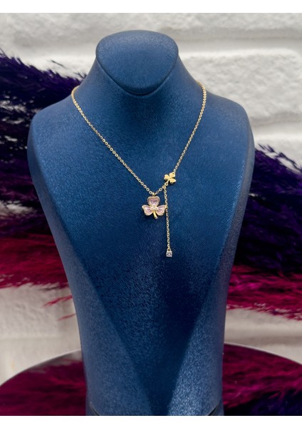 925 Ayar Gümüş Gold Renk Mineli Kelebek Modeli Zarif Kadın Kolye