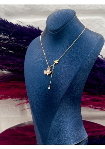 925 Ayar Gümüş Gold Renk Mineli Kelebek Modeli Zarif Kadın Kolye modelleri