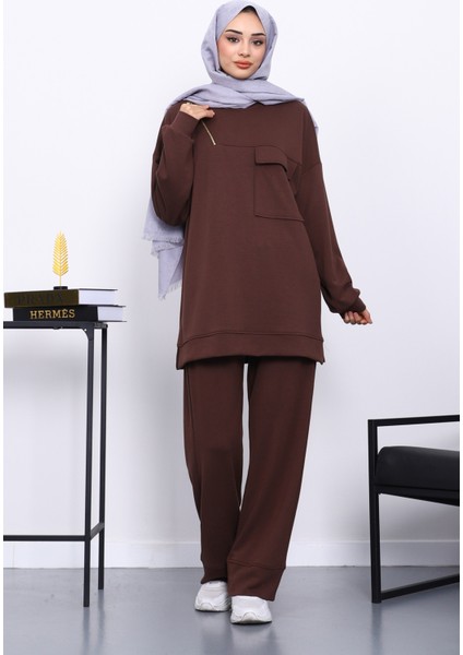 Kahverengi Tek Cepli Tunik Pantolonlu Modal Takım