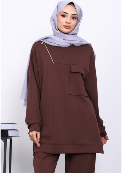 Kahverengi Tek Cepli Tunik Pantolonlu Modal Takım modelleri