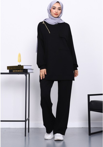 Siyah Tek Cepli Tunik Pantolonlu Modal Takım