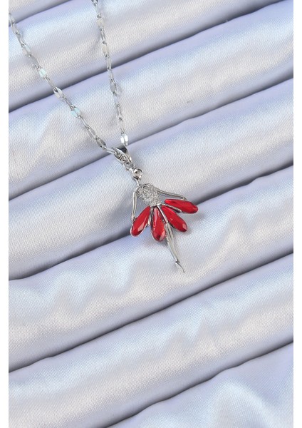 316L Çelik Zincir Gümüş Renk Kırmızı Etekli Zirkon Taşlı Balerin Kolye fiyatları