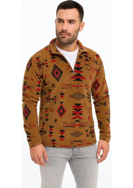 Erkek Yarım Fermuarlı Desenli Polar Sweat Kahverengi -Vlmr