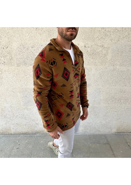 Erkek Yarım Fermuarlı Desenli Polar Sweat Kahverengi -Vlmr fiyatları