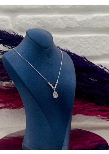 925 Ayar Gümüş Pembe Kuvars Taşlı Özel Tasarım Lüks Kadın Kolye