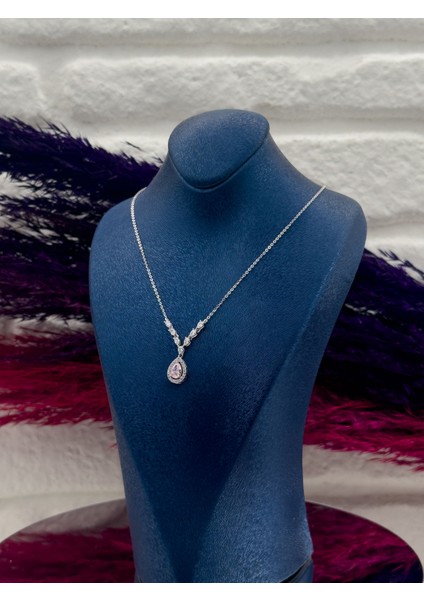 925 Ayar Gümüş Pembe Kuvars Taşlı Özel Tasarım Lüks Kadın Kolye fiyatları