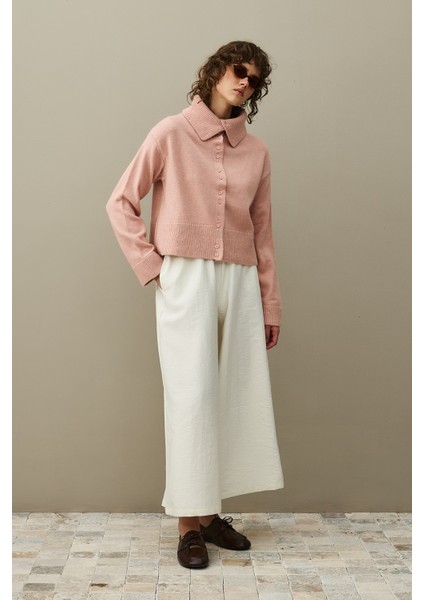 Geniş Yakalı Tiftik Hırka Pembe