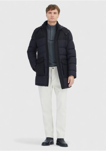 Siyah Regular Fit Kapüşonlu Klasik Dokuma Kaban fiyatları