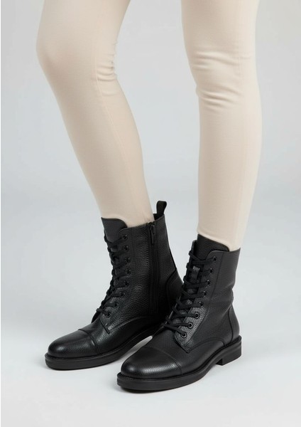 SV515 Hakiki Deri Oxford Tarz Kadın Siyah Postal Bot