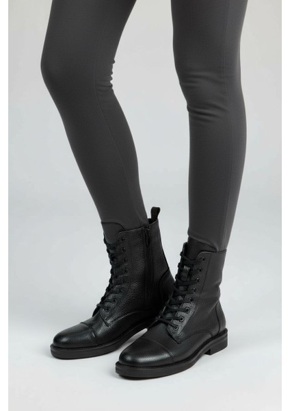 SV515 Hakiki Deri Oxford Tarz Kadın Siyah Postal Bot