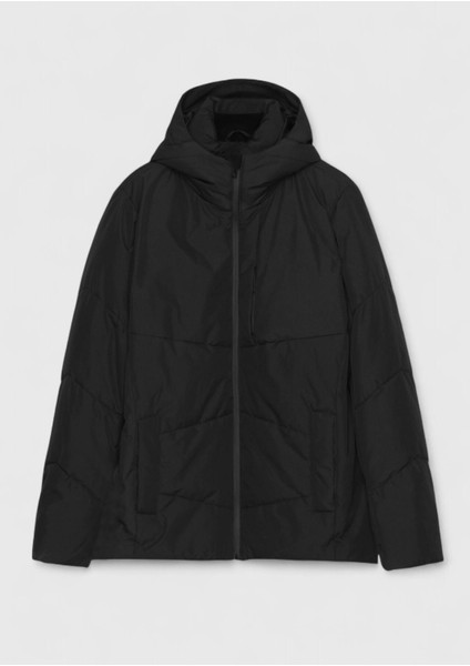 Siyah Regular Fit Kapüşonlu Casual Dokuma Mont