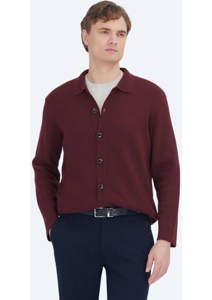 Bordo Polo Yaka Düz Örgü Yün Karışımlı Hırka
