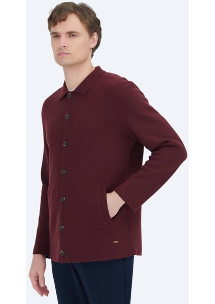 Bordo Polo Yaka Düz Örgü Yün Karışımlı Hırka modelleri