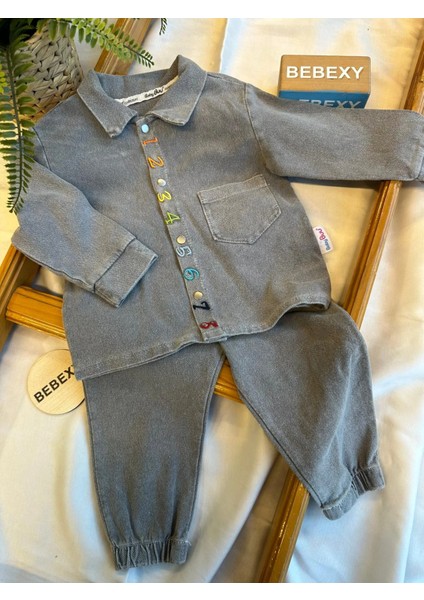 Rakamlı Gömlek Takım Gri