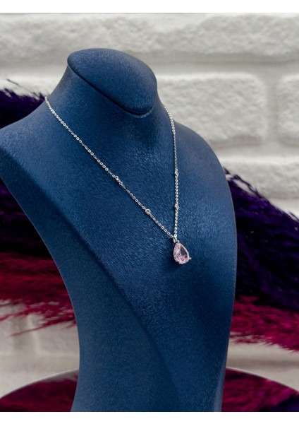 925 Ayar Gümüş Sıralı Tektaş Pembe Kuvars Damla Desenli Popüler Kadın Kolye
