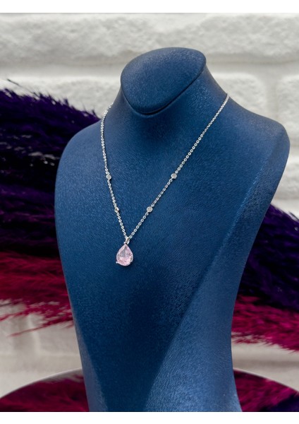 925 Ayar Gümüş Sıralı Tektaş Pembe Kuvars Damla Desenli Popüler Kadın Kolye modelleri