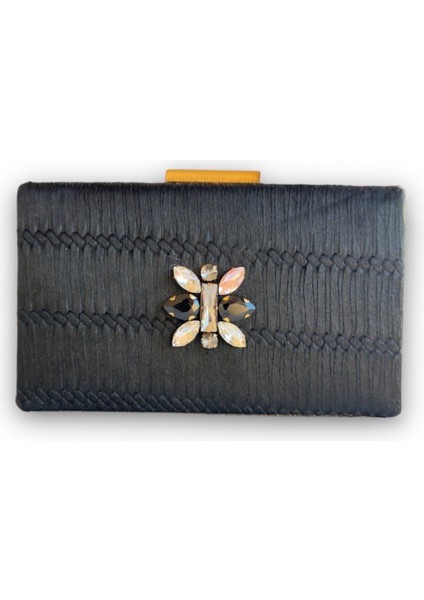 Siyah Astragan Kesim Kristal Taş Işlemeli Gece El ve Omuz Çantası