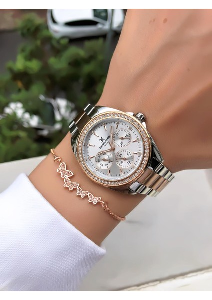 Marka Rose Renk Multifonksiyon Çelik Kadın Kol Saati Bileklik Hediyeli