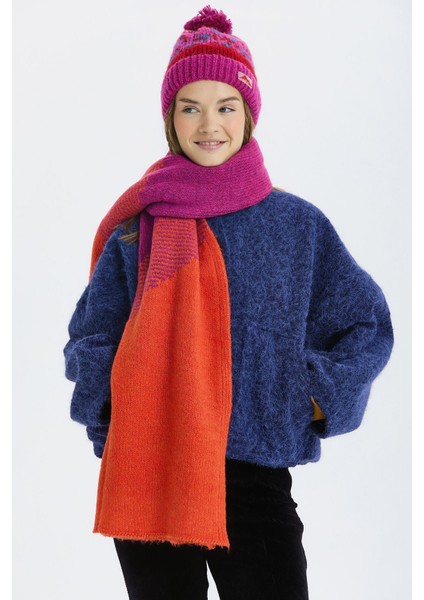 Renk Bloklu Büyük Atkı Pembe - Turuncu