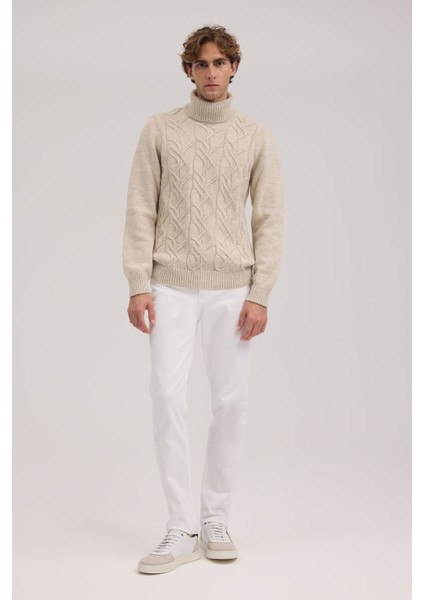 Bej Slim Fit Tam Balıkçı Yaka Erkek Triko