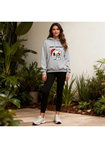 Snoopy Christmas Cozy Sweatshirt Gri Kapüşonlu Özel Tasarım Pamuklu