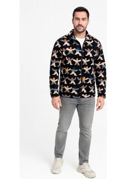 Erkek Tam Fermuarlı Desenli Polar Sweat Siyah -Vlmr