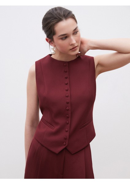 Bisiklet Yaka Krep Kadın Klasik Yelek