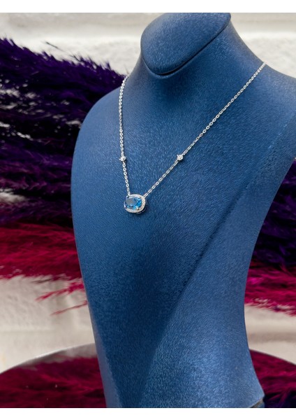 925 Ayar Gümüş Aquamarin Taşlı Özel Tasarım Zarif Kadın Kolye modelleri