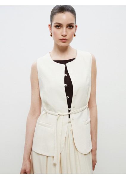 Bisiklet Yaka Keten Görünümlü Kadın Klasik Yelek