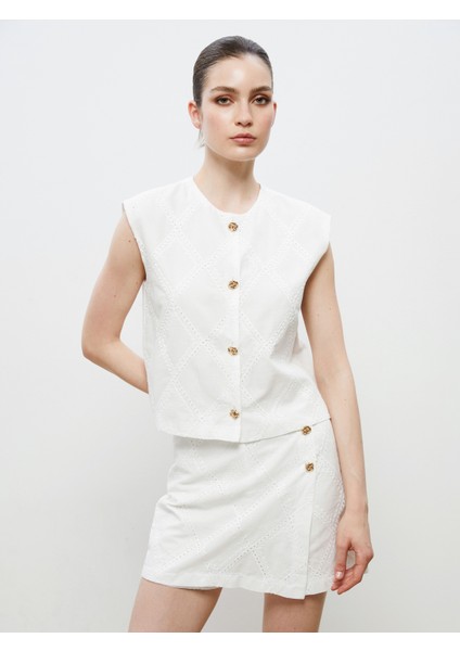 Bisiklet Yaka Ajurlu Brode Kadın Klasik Yelek