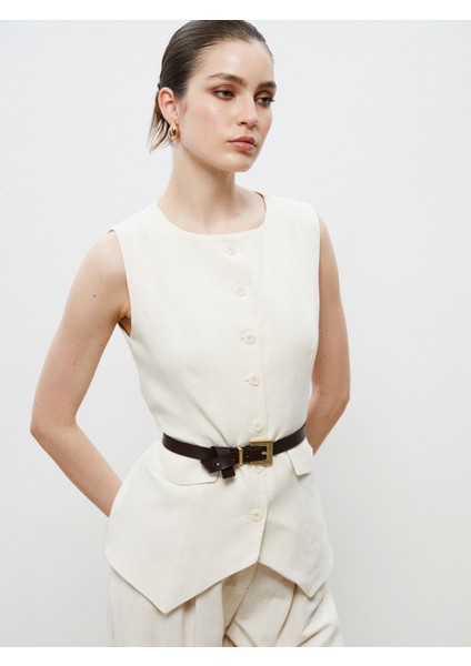 Bisiklet Yaka Keten Görünümlü Kadın Klasik Yelek