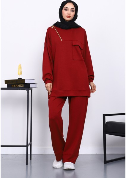 Bordo Tek Cepli Tunik Pantolonlu Modal Takım
