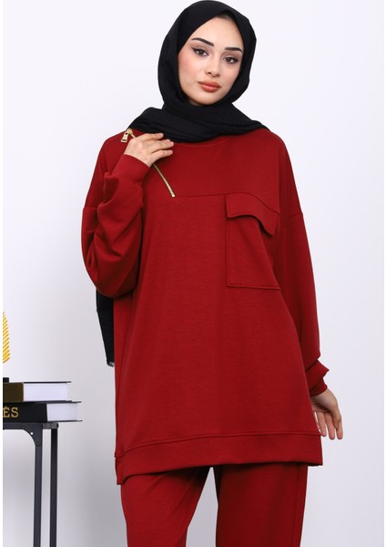 Bordo Tek Cepli Tunik Pantolonlu Modal Takım modelleri