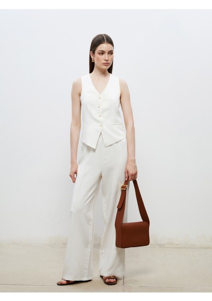 V Yaka Çizgili Keten Görünümlü Kadın Klasik Yelek fiyatları