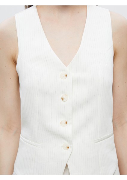 V Yaka Çizgili Keten Görünümlü Kadın Klasik Yelek modelleri