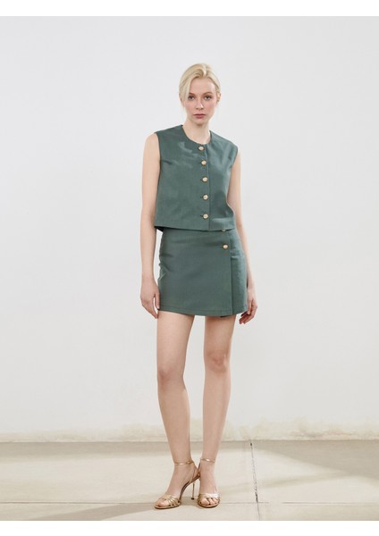 Bisiklet Yaka Keten Görünümlü Kadın Klasik Yelek