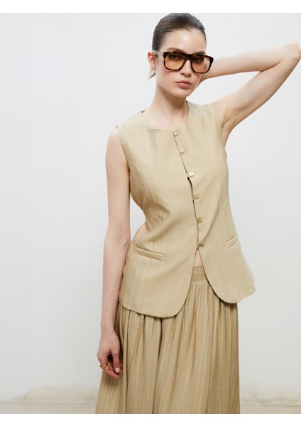 Bisiklet Yaka Keten Görünümlü Kadın Klasik Yelek