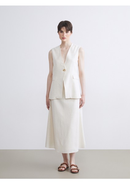 V Yaka Keten Karışımlı Kadın Klasik Yelek fiyatları