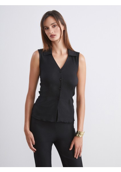 Gömlek Yaka Dokulu Kadın Yelek