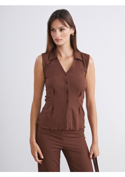 Gömlek Yaka Dokulu Kadın Yelek